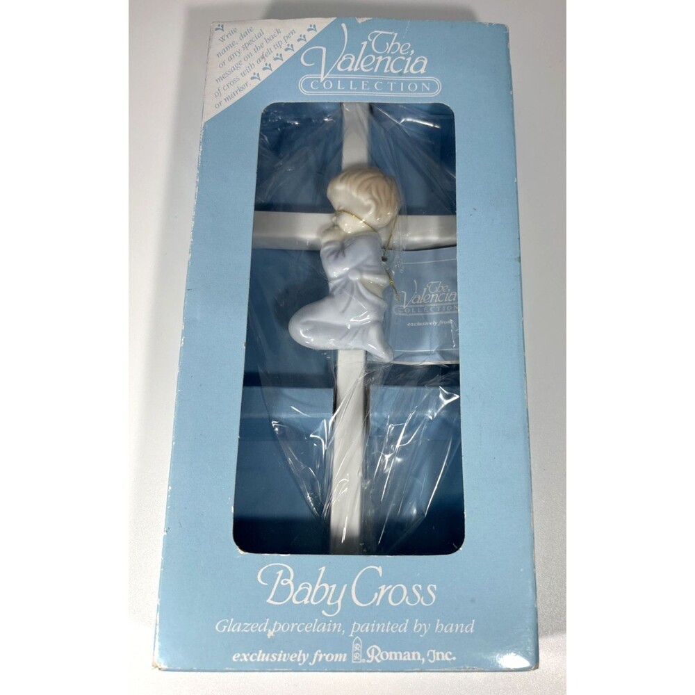 The Valencia Collection Glazed Porcelain Baby Blue Boy Cross 8" 1995 New